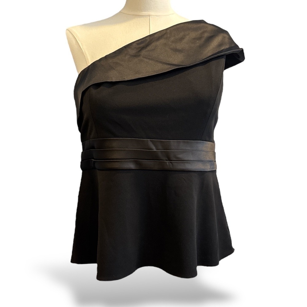 Adrianna Papell Wm Sz 18 Black One Shoulder Crepe Tuxedo Top‎ Cocktail Satin NWT